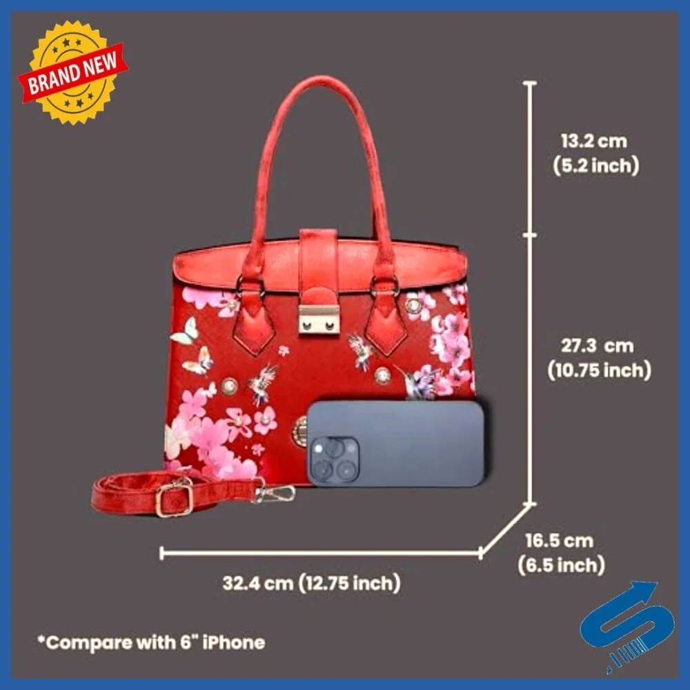 Vegan Leather Satchel with Adjustable Strap, Floral Crystal Accents
